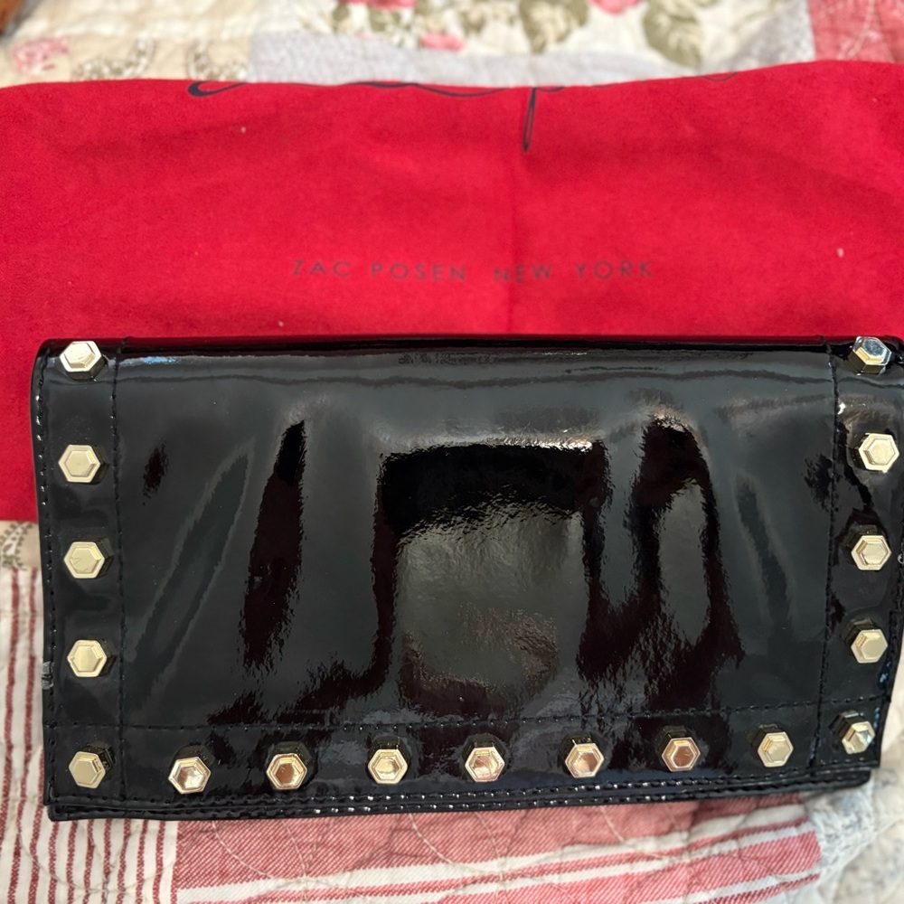 Zac Posen Glossy Black Clutch with Gold Studs